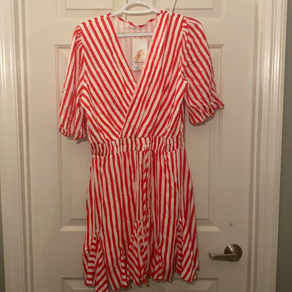 Deep Plunge Red striped Wrap Ruffle Hem Pleated Dress - Picture 3 of 3